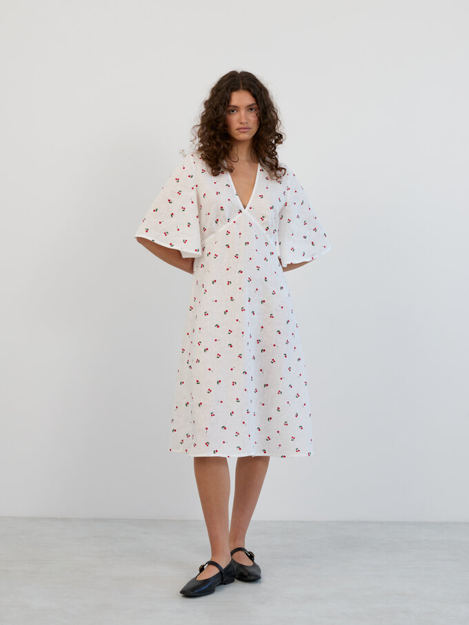 Image 5 of Linen Midi Dress with Short Bell Sleeves in Cherry Print VIVIEN from ALBERALKIRK | Handmade Linen Clothing for Women