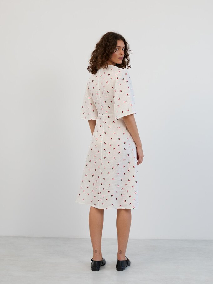 Image 6 of Linen Midi Dress with Short Bell Sleeves in Cherry Print VIVIEN from ALBERALKIRK | Handmade Linen Clothing for Women