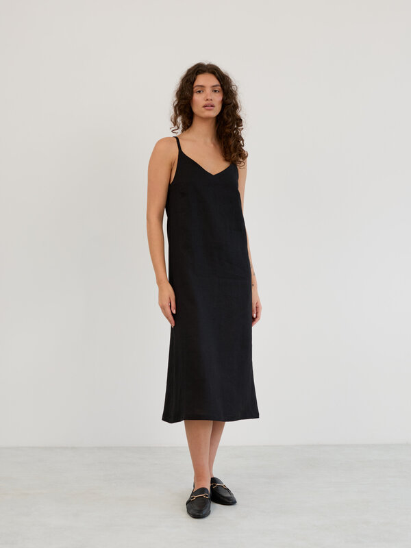 Image 1 of Linen V-Neck Slip Midi Dress in Black WILLOW from ALBERALKIRK | Handmade Linen Clothing for Women