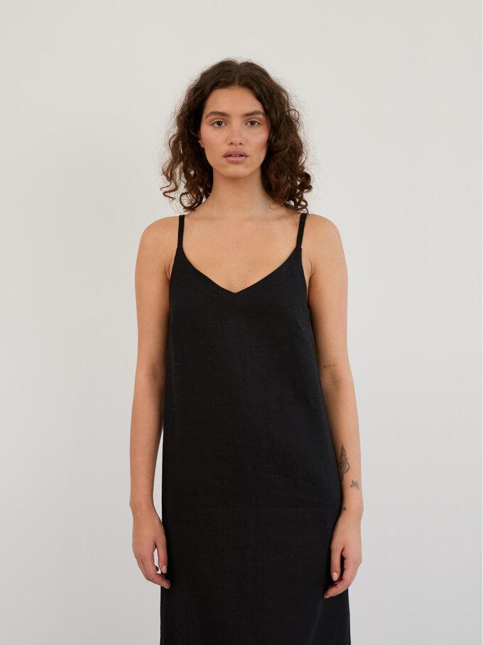 Image 2 of Linen V-Neck Slip Midi Dress in Black WILLOW from ALBERALKIRK | Handmade Linen Clothing for Women