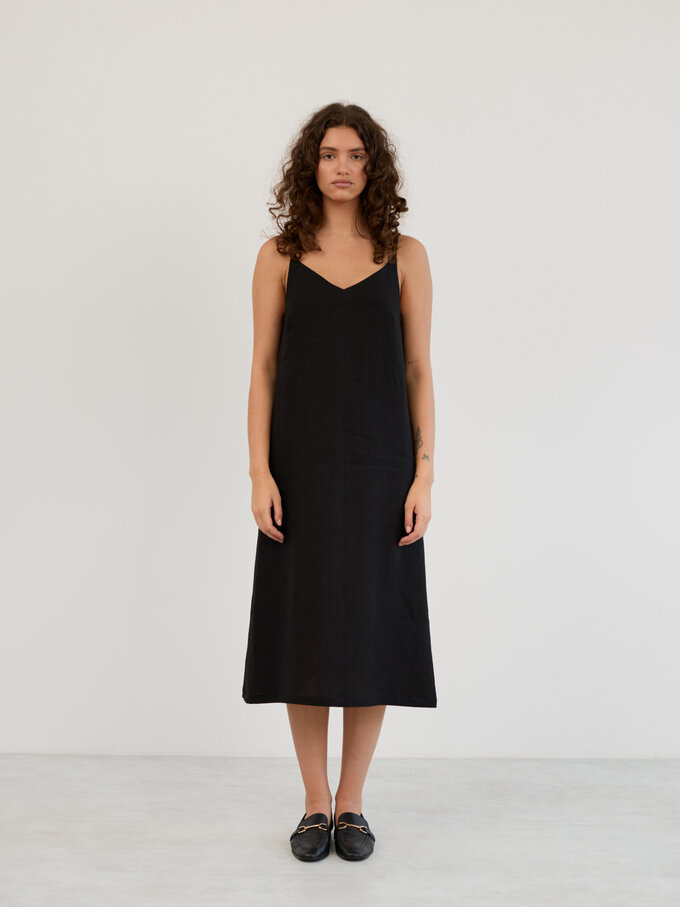Image 3 of Linen V-Neck Slip Midi Dress in Black WILLOW from ALBERALKIRK | Handmade Linen Clothing for Women