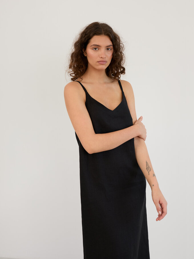 Image 4 of Linen V-Neck Slip Midi Dress in Black WILLOW from ALBERALKIRK | Handmade Linen Clothing for Women