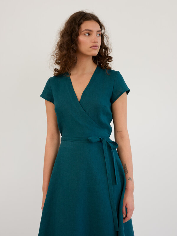 Image 1 of Linen Short Sleeve Wrap Midi Dress in Emerald Blue AYLA from ALBERALKIRK | Handmade Linen Clothing for Women