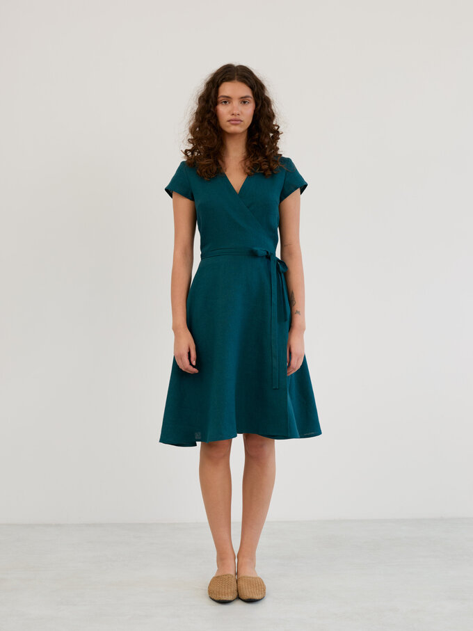 Image 2 of Linen Short Sleeve Wrap Midi Dress in Emerald Blue AYLA from ALBERALKIRK | Handmade Linen Clothing for Women