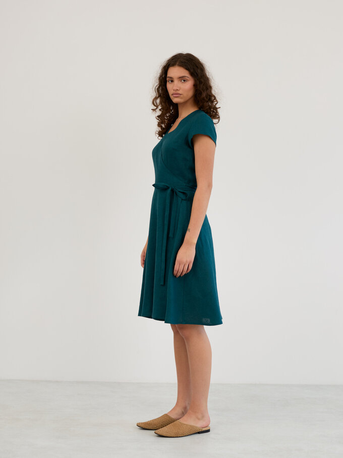 Image 3 of Linen Short Sleeve Wrap Midi Dress in Emerald Blue AYLA from ALBERALKIRK | Handmade Linen Clothing for Women