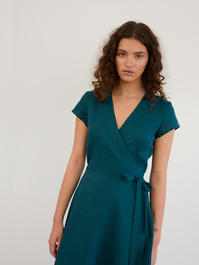 Image 4 of Linen Short Sleeve Wrap Midi Dress in Emerald Blue AYLA from ALBERALKIRK | Handmade Linen Clothing for Women