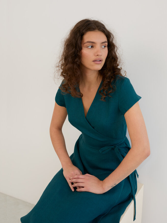 Image 5 of Linen Short Sleeve Wrap Midi Dress in Emerald Blue AYLA from ALBERALKIRK | Handmade Linen Clothing for Women