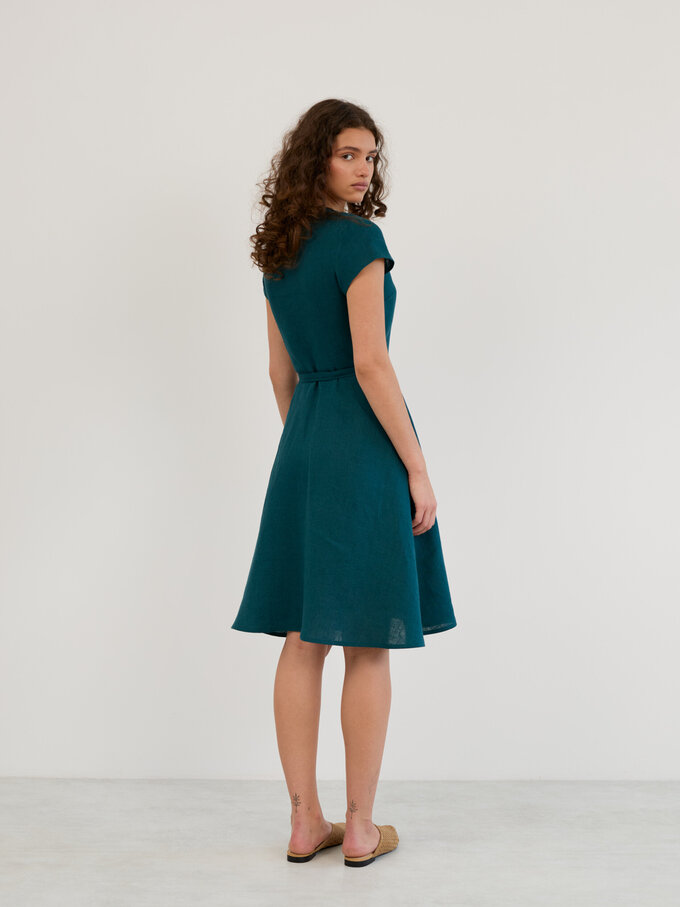 Image 6 of Linen Short Sleeve Wrap Midi Dress in Emerald Blue AYLA from ALBERALKIRK | Handmade Linen Clothing for Women