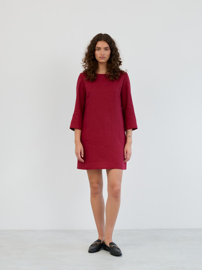 Image 2 of Linen 3/4 Sleeve Mini Dress in Cherry Red MABEL from ALBERALKIRK | Handmade Linen Clothing for Women