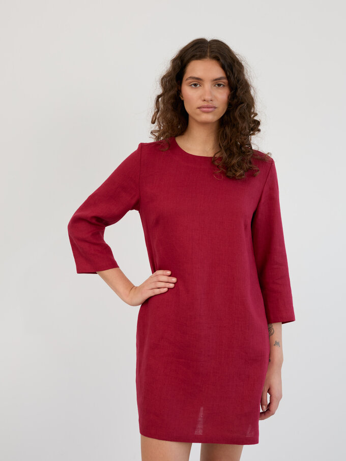Image 3 of Linen 3/4 Sleeve Mini Dress in Cherry Red MABEL from ALBERALKIRK | Handmade Linen Clothing for Women
