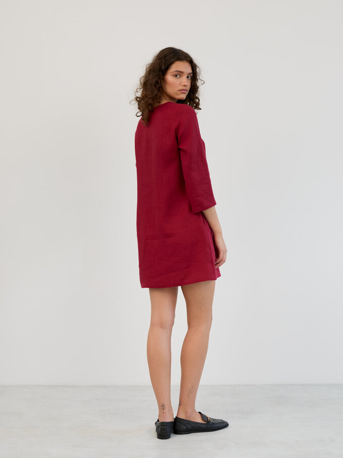 Image 5 of Linen 3/4 Sleeve Mini Dress in Cherry Red MABEL from ALBERALKIRK | Handmade Linen Clothing for Women