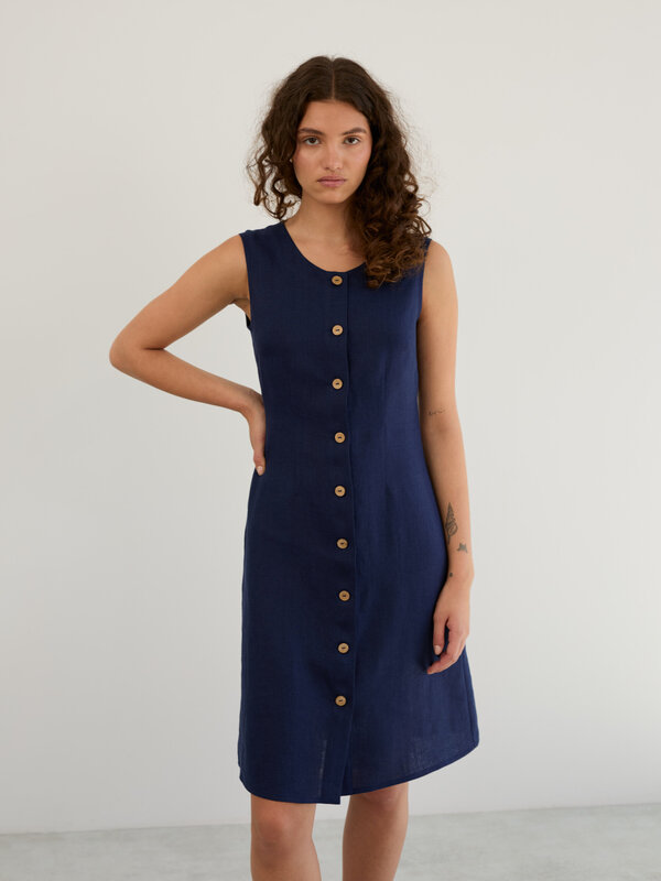 Image 1 of Linen Sleeveless Button Front Dress in Navy Blue IMOGEN from ALBERALKIRK | Handmade Linen Clothing for Women