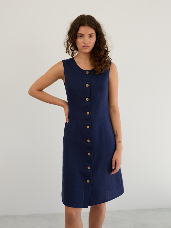 Image 1 of Linen Sleeveless Button Front Dress in Navy Blue IMOGEN from ALBERALKIRK | Handmade Linen Clothing for Women