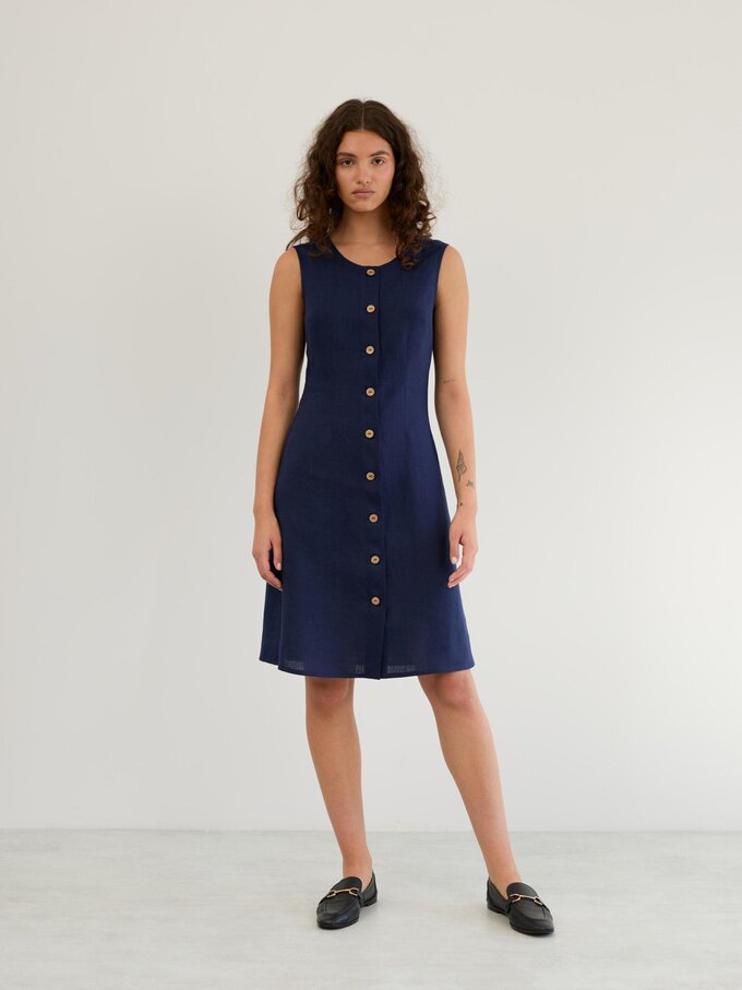 Image 2 of Linen Sleeveless Button Front Dress in Navy Blue IMOGEN from ALBERALKIRK | Handmade Linen Clothing for Women
