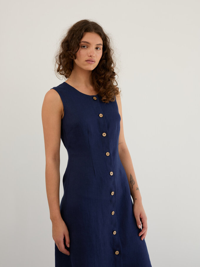 Image 3 of Linen Sleeveless Button Front Dress in Navy Blue IMOGEN from ALBERALKIRK | Handmade Linen Clothing for Women