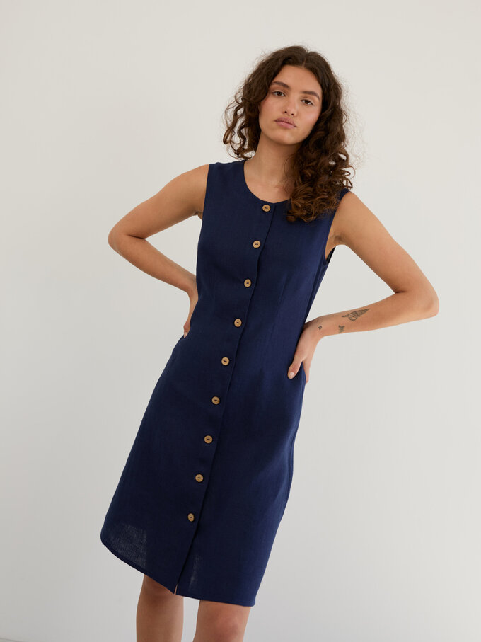 Image 5 of Linen Sleeveless Button Front Dress in Navy Blue IMOGEN from ALBERALKIRK | Handmade Linen Clothing for Women