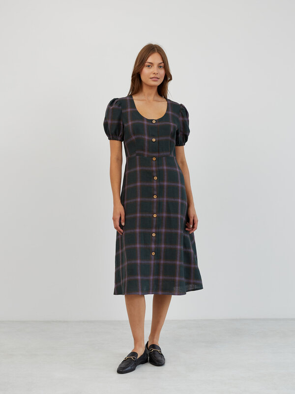 Image 1 of Puff Sleeve Linen Midi Dress in Plaid Purple AURELIA from ALBERALKIRK | Handmade Linen Clothing for Women