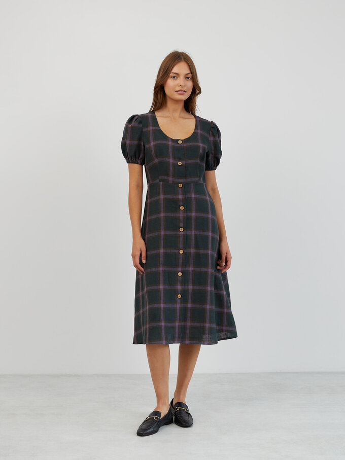 Image 1 of Puff Sleeve Linen Midi Dress in Plaid Purple AURELIA from ALBERALKIRK | Handmade Linen Clothing for Women