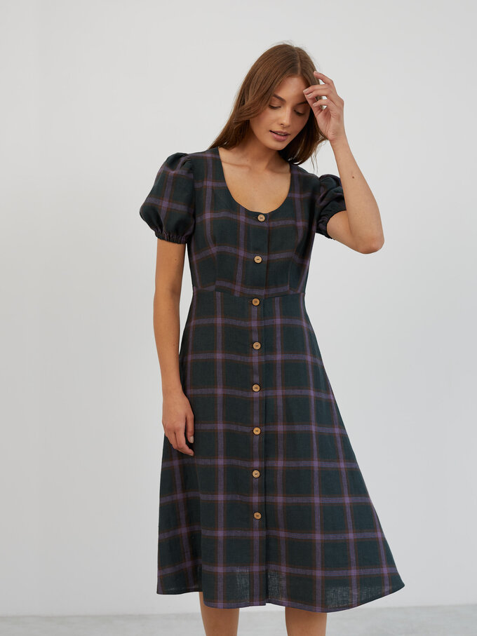 Image 2 of Puff Sleeve Linen Midi Dress in Plaid Purple AURELIA from ALBERALKIRK | Handmade Linen Clothing for Women