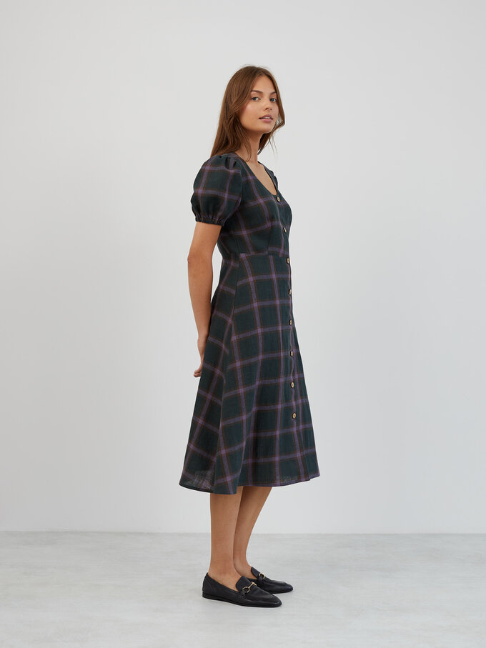Image 3 of Puff Sleeve Linen Midi Dress in Plaid Purple AURELIA from ALBERALKIRK | Handmade Linen Clothing for Women