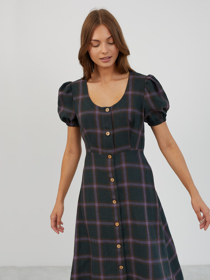 Image 4 of Puff Sleeve Linen Midi Dress in Plaid Purple AURELIA from ALBERALKIRK | Handmade Linen Clothing for Women