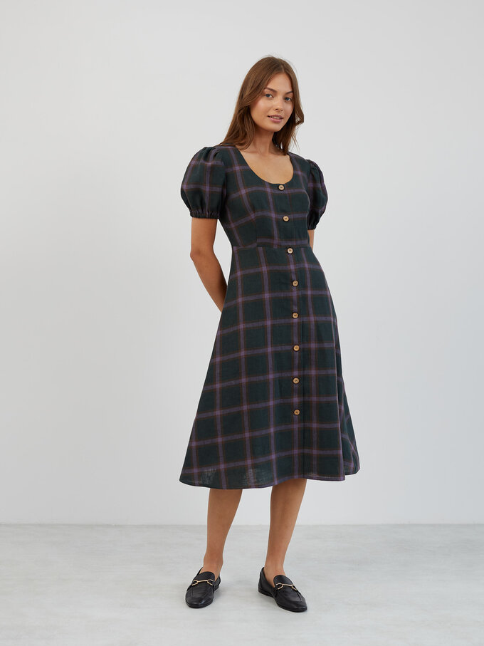Image 5 of Puff Sleeve Linen Midi Dress in Plaid Purple AURELIA from ALBERALKIRK | Handmade Linen Clothing for Women