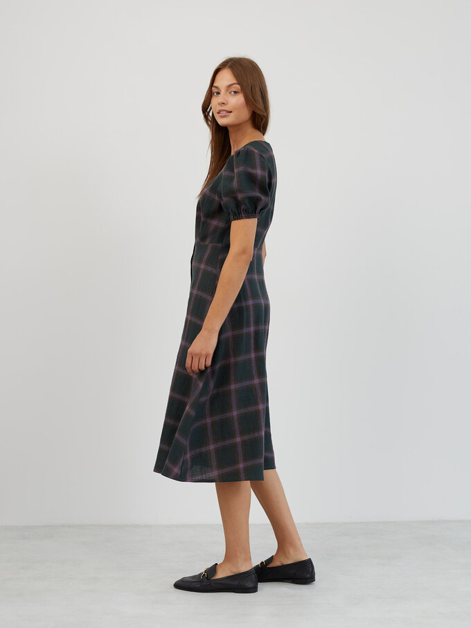 Image 6 of Puff Sleeve Linen Midi Dress in Plaid Purple AURELIA from ALBERALKIRK | Handmade Linen Clothing for Women