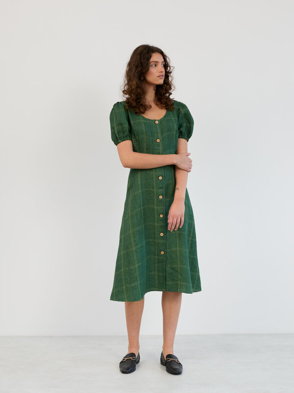 Image 1 of Linen Puff Sleeve Midi Dress in Green Plaid AURELIA from ALBERALKIRK | Handmade Linen Clothing for Women