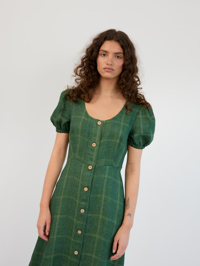 Image 2 of Linen Puff Sleeve Midi Dress in Green Plaid AURELIA from ALBERALKIRK | Handmade Linen Clothing for Women