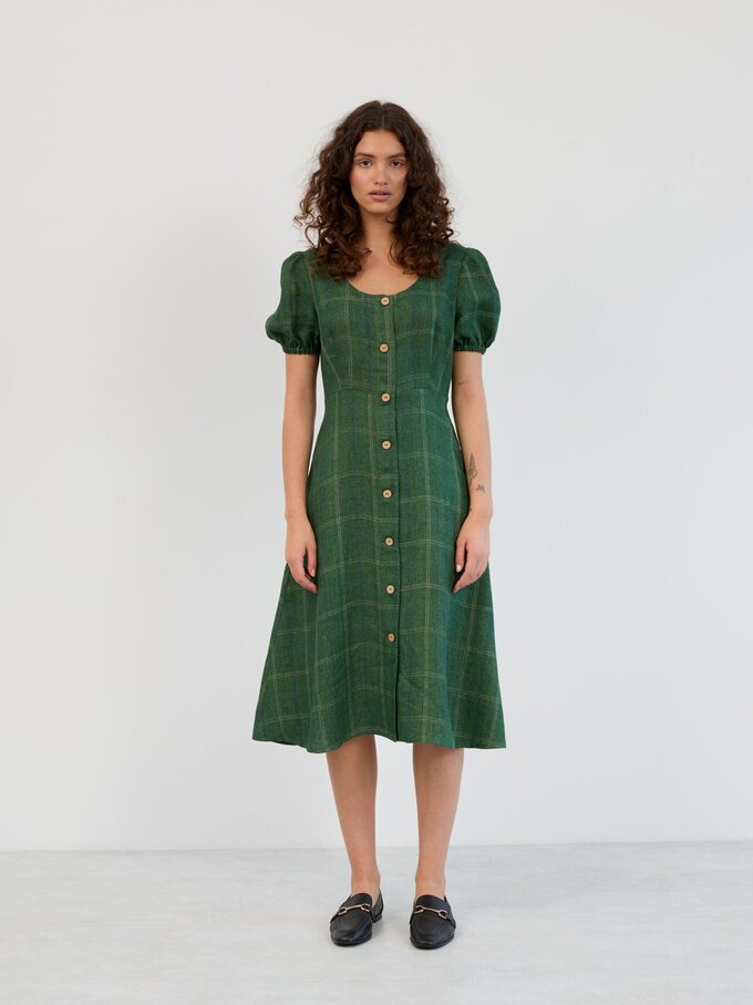 Image 3 of Linen Puff Sleeve Midi Dress in Green Plaid AURELIA from ALBERALKIRK | Handmade Linen Clothing for Women