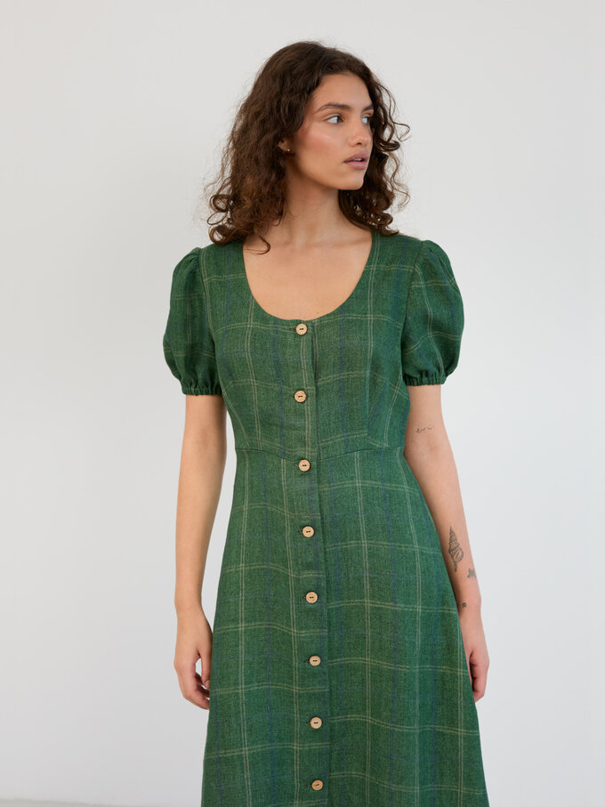 Image 4 of Linen Puff Sleeve Midi Dress in Green Plaid AURELIA from ALBERALKIRK | Handmade Linen Clothing for Women