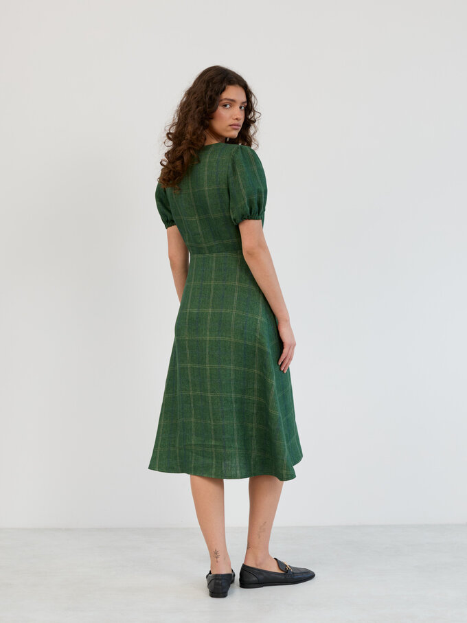 Image 5 of Linen Puff Sleeve Midi Dress in Green Plaid AURELIA from ALBERALKIRK | Handmade Linen Clothing for Women
