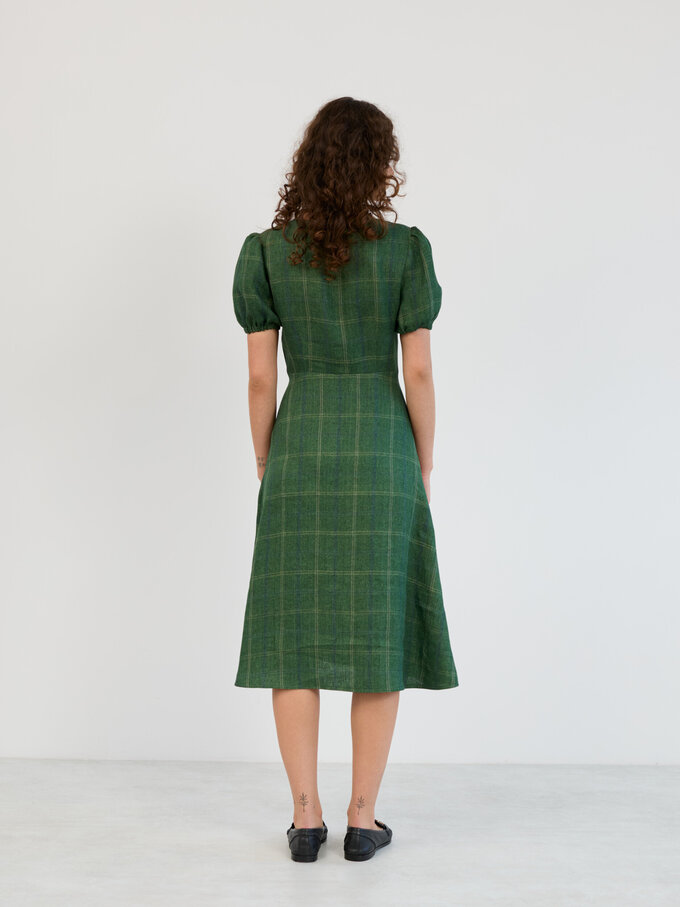 Image 6 of Linen Puff Sleeve Midi Dress in Green Plaid AURELIA from ALBERALKIRK | Handmade Linen Clothing for Women