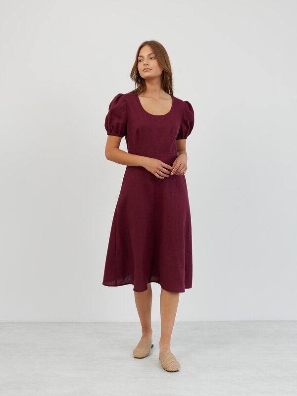 Image 1 of Puff Sleeve Linen Midi Dress in Eggplant CAROLINA from ALBERALKIRK | Handmade Linen Clothing for Women