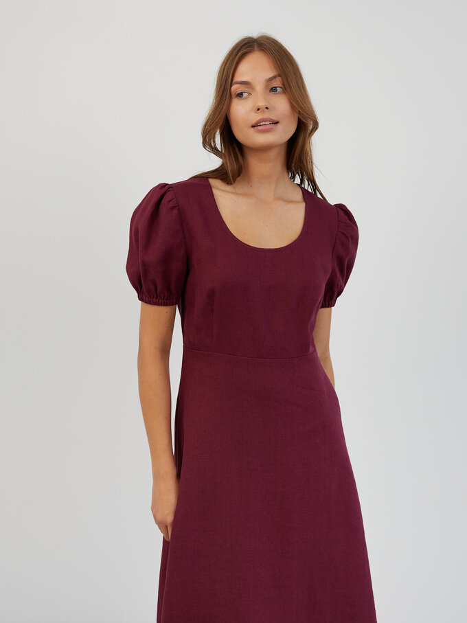 Image 2 of Puff Sleeve Linen Midi Dress in Eggplant CAROLINA from ALBERALKIRK | Handmade Linen Clothing for Women
