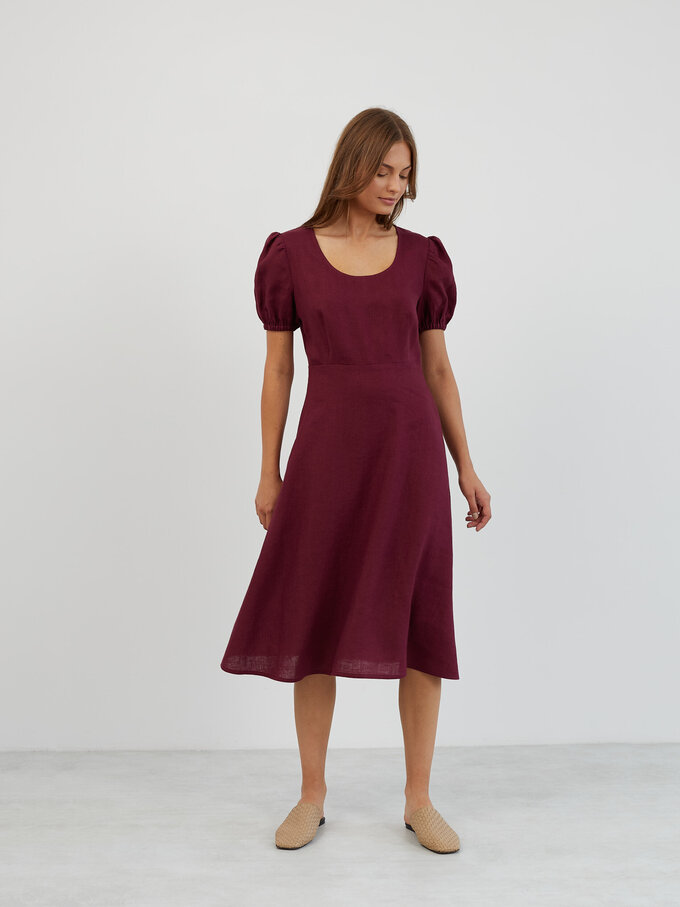 Image 3 of Puff Sleeve Linen Midi Dress in Eggplant CAROLINA from ALBERALKIRK | Handmade Linen Clothing for Women