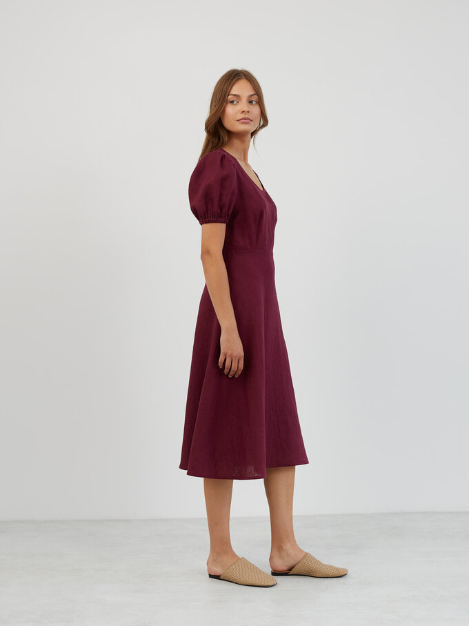 Image 4 of Puff Sleeve Linen Midi Dress in Eggplant CAROLINA from ALBERALKIRK | Handmade Linen Clothing for Women