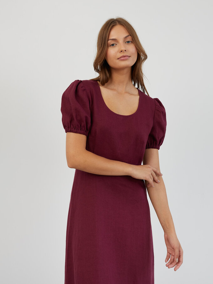 Image 5 of Puff Sleeve Linen Midi Dress in Eggplant CAROLINA from ALBERALKIRK | Handmade Linen Clothing for Women