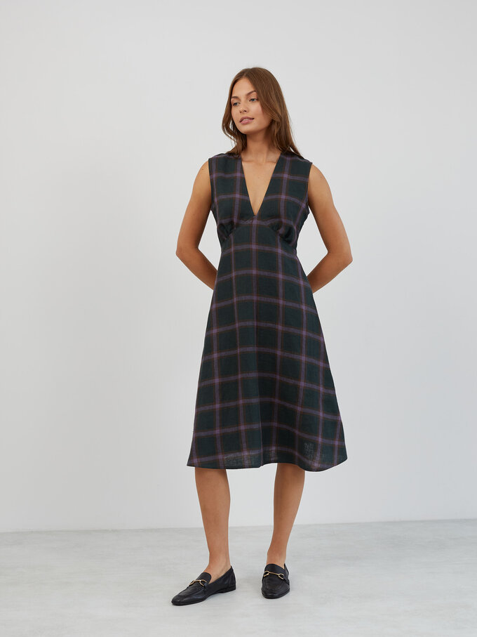 Image 1 of Sleeveless Linen Midi Dress in Plaid Purple LAURA from ALBERALKIRK | Handmade Linen Clothing for Women