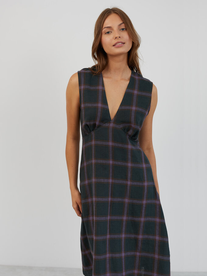 Image 2 of Sleeveless Linen Midi Dress in Plaid Purple LAURA from ALBERALKIRK | Handmade Linen Clothing for Women