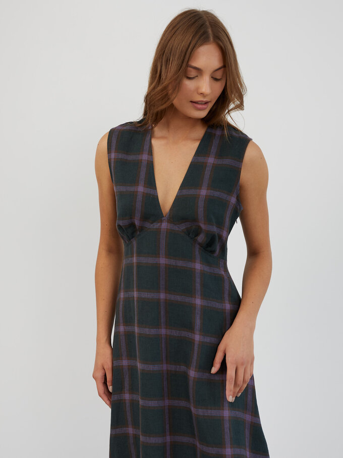 Image 4 of Sleeveless Linen Midi Dress in Plaid Purple LAURA from ALBERALKIRK | Handmade Linen Clothing for Women