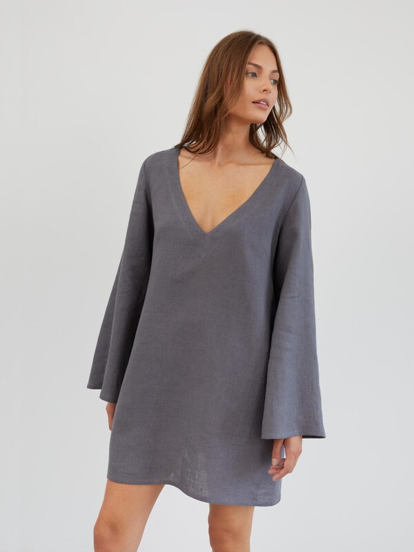 Image 1 of Linen Mini Dress with Bell Sleeves in Light Grey UMA from ALBERALKIRK | Handmade Linen Clothing for Women