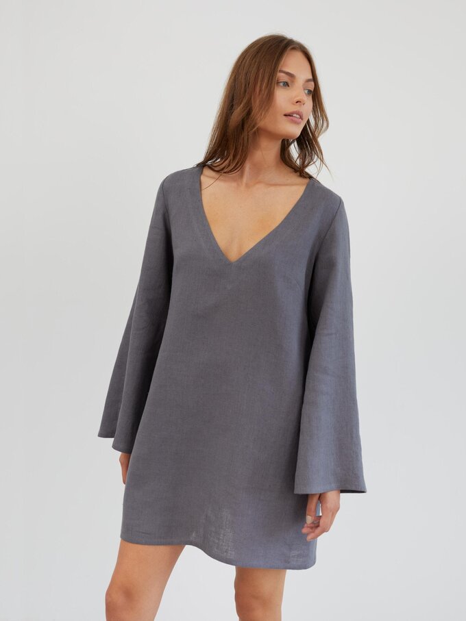 Image 1 of Linen Mini Dress with Bell Sleeves in Light Grey UMA from ALBERALKIRK | Handmade Linen Clothing for Women