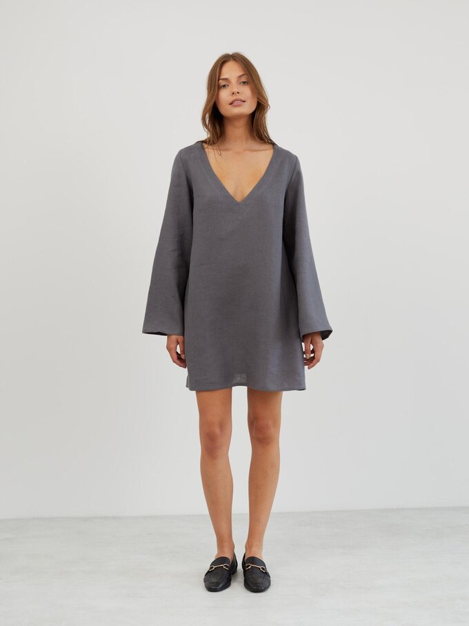 Image 2 of Linen Mini Dress with Bell Sleeves in Light Grey UMA from ALBERALKIRK | Handmade Linen Clothing for Women