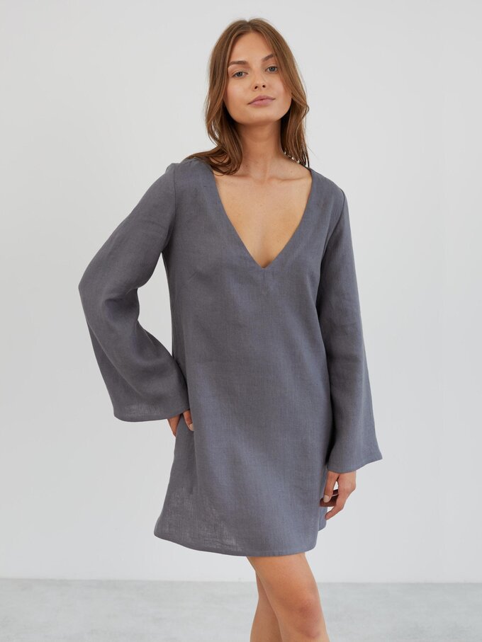 Image 3 of Linen Mini Dress with Bell Sleeves in Light Grey UMA from ALBERALKIRK | Handmade Linen Clothing for Women