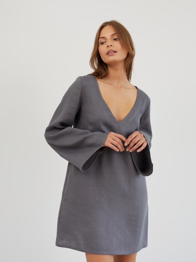 Image 5 of Linen Mini Dress with Bell Sleeves in Light Grey UMA from ALBERALKIRK | Handmade Linen Clothing for Women