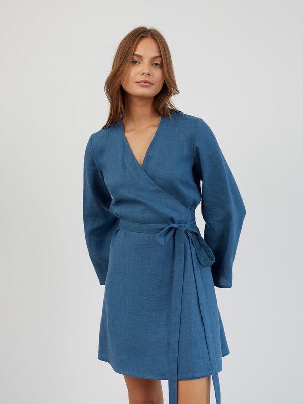 Image 1 of Linen Wrap Mini Dress in Sea Blue LYDIA from ALBERALKIRK | Handmade Linen Clothing for Women