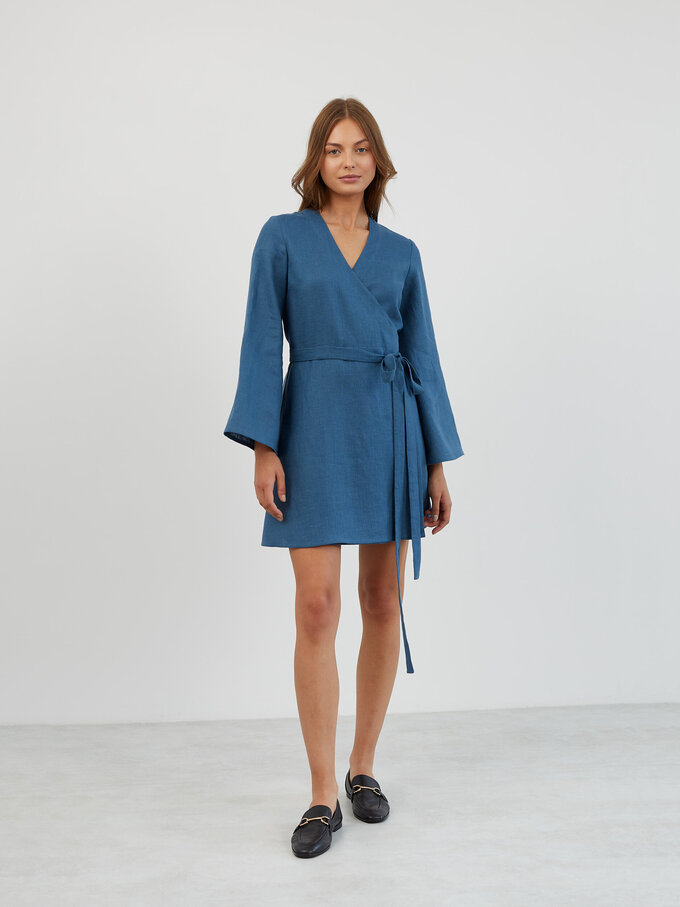 Image 2 of Linen Wrap Mini Dress in Sea Blue LYDIA from ALBERALKIRK | Handmade Linen Clothing for Women
