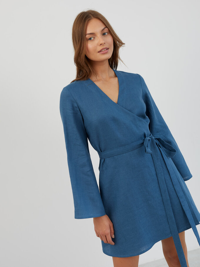 Image 3 of Linen Wrap Mini Dress in Sea Blue LYDIA from ALBERALKIRK | Handmade Linen Clothing for Women