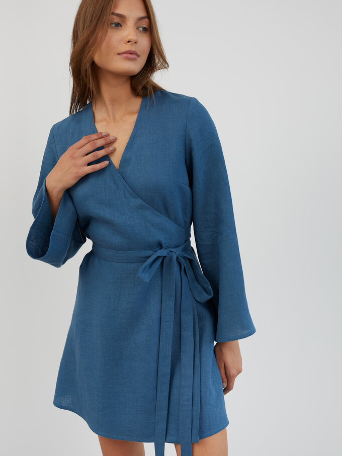 Image 5 of Linen Wrap Mini Dress in Sea Blue LYDIA from ALBERALKIRK | Handmade Linen Clothing for Women